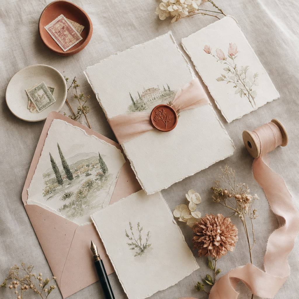 Papeterie de mariage artisanale, ruban blush et sceau de cire terracotta